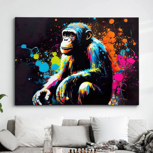 Chimp Abstract Oil Animal Lover Painting Splatter Style Monkey Wall Art Framed Canvas Poster Print Home Office Room Decor Gift Idea - image 1
