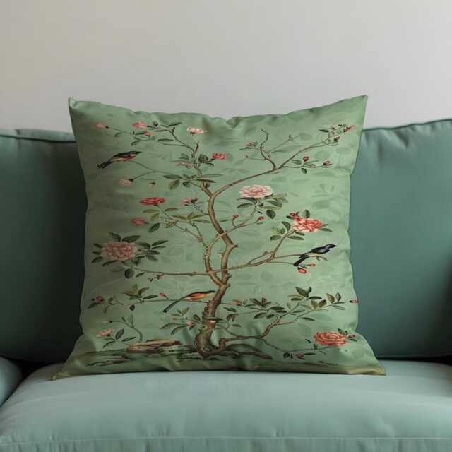 Sage Green Floral Bird Cushion Cover, Chinoiserie Style Pillow Botanical Nature Throw Case - image 1