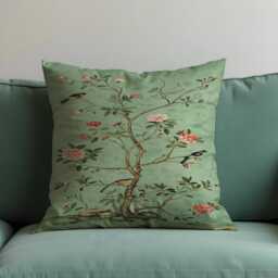 Sage Green Floral Bird Cushion Cover, Chinoiserie Style Pillow Botanical Nature Throw Case - thumbnail 1