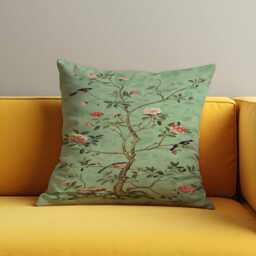 Sage Green Floral Bird Cushion Cover, Chinoiserie Style Pillow Botanical Nature Throw Case - thumbnail 2