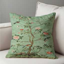 Sage Green Floral Bird Cushion Cover, Chinoiserie Style Pillow Botanical Nature Throw Case - thumbnail 3
