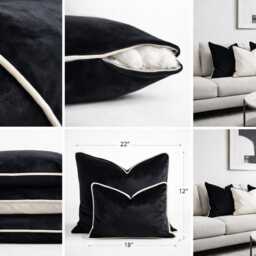 Luxury Black & Cream Velvet Cushion Covers Handmade Feather Filled Pillow Set Modern Neutral Decor - thumbnail 2