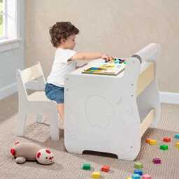 Kids Wooden Table & Chair Set, Activity Desk With Storage & 2-In-1 Board - thumbnail 2