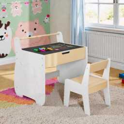 Kids Wooden Table & Chair Set, Activity Desk With Storage & 2-In-1 Board - thumbnail 1