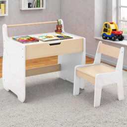 Kids Wooden Table & Chair Set, Activity Desk With Storage & 2-In-1 Board - thumbnail 3