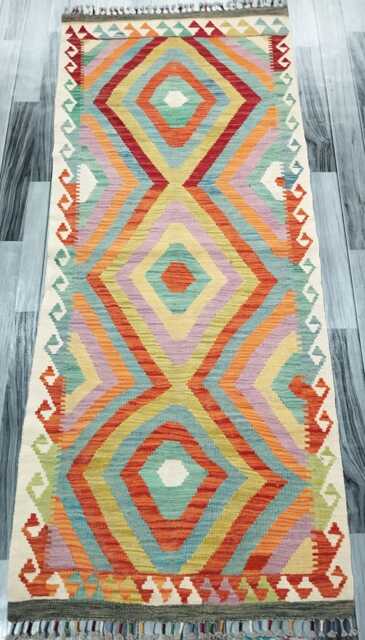 Classic Runner Rug, Handmade Artisan Afghan Turkish Scandinavian Navajo Bohemian Wool Flatweave Multicolour Kilim Rug 194x79 cm - image 1