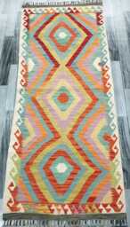 Classic Runner Rug, Handmade Artisan Afghan Turkish Scandinavian Navajo Bohemian Wool Flatweave Multicolour Kilim Rug 194x79 cm - thumbnail 1
