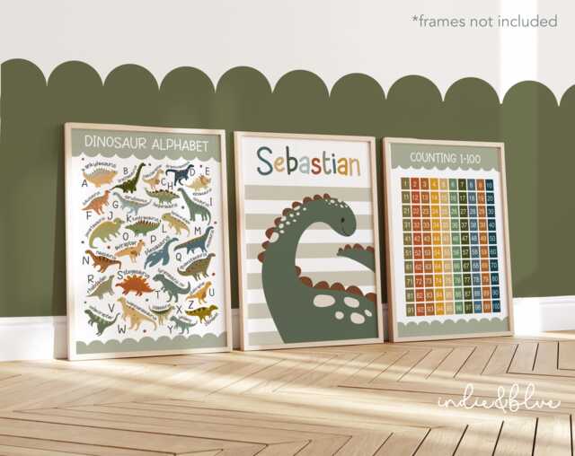 Set Of 3 Personalised Dinosaur Posters, Alphabet Print, Counting 1-100, Toddler Boy Bedroom Decor, Playroom Poster - image 1
