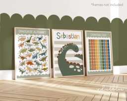 Set Of 3 Personalised Dinosaur Posters, Alphabet Print, Counting 1-100, Toddler Boy Bedroom Decor, Playroom Poster - thumbnail 1