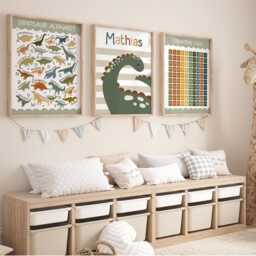 Set Of 3 Personalised Dinosaur Posters, Alphabet Print, Counting 1-100, Toddler Boy Bedroom Decor, Playroom Poster - thumbnail 2