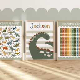 Set Of 3 Personalised Dinosaur Posters, Alphabet Print, Counting 1-100, Toddler Boy Bedroom Decor, Playroom Poster - thumbnail 3
