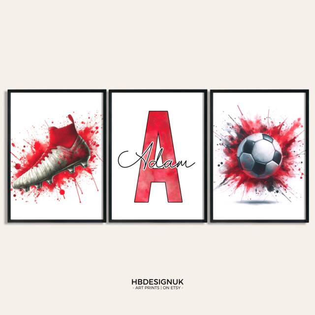 Football Wall Print Set - 3 Personalised Soccer Posters - Kids Bedroom Decor Artwork Personalized Gift Custom Art - image 1