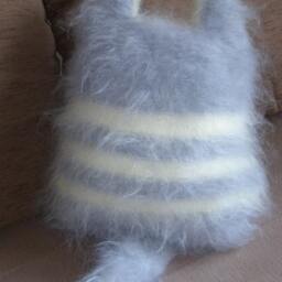 stuffed Mohair Cat Gray Plush Kitten Hand Knitted Kitty Throw Pillow Cats Animal Baby Toy Plushie Gift Girl Present Catlovers - thumbnail 2