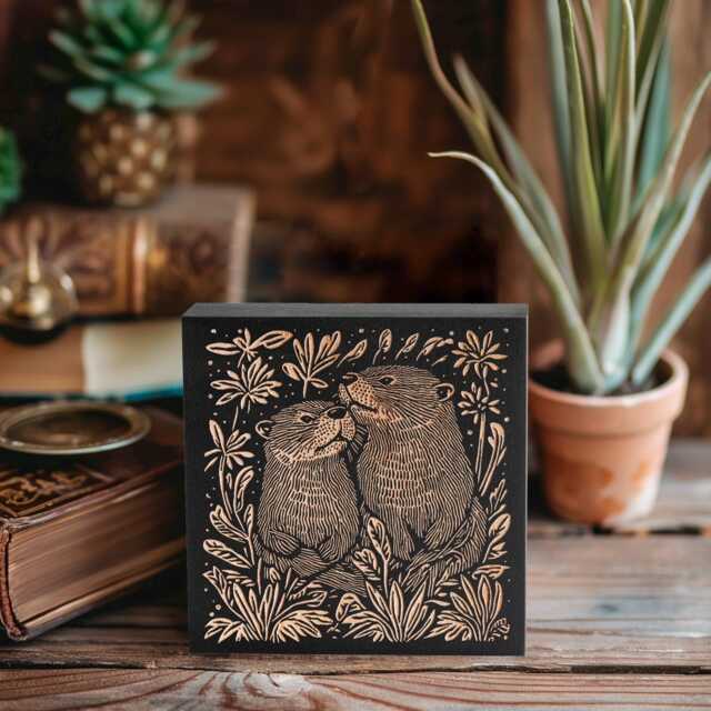 Otters Engraved Birch Wood Panel - Block Print Style Woodland Wall Art, Forest Cabin Nature Decor, Farmhouse Couples Gift - image 1
