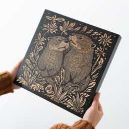 Otters Engraved Birch Wood Panel - Block Print Style Woodland Wall Art, Forest Cabin Nature Decor, Farmhouse Couples Gift - thumbnail 3