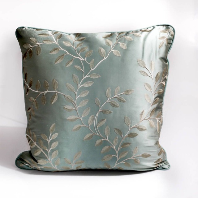 Embroidered Silk Pillow Cover Aqua Green Vines, Luxury Home Decor - image 1