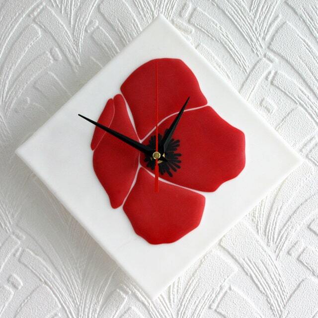 Icelandic Red Poppy - Exclusive Fused Art Glass Wall Clock. Poppy. Remembrance Fused Poppy