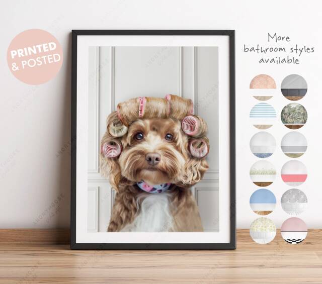 Cockapoo Dog in Hair Curlers Rollers Print, Dog Bathing, Funny Bathroom Animal Toilet Art, Rollers, Bath, Whimsy - image 1