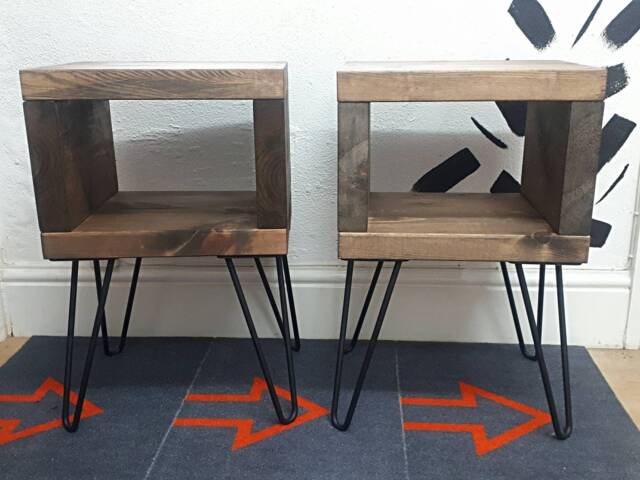 Pair Of Rustic Bedside Tables - Industrial Night Stands Small With Black Hairpin Legs - image 1