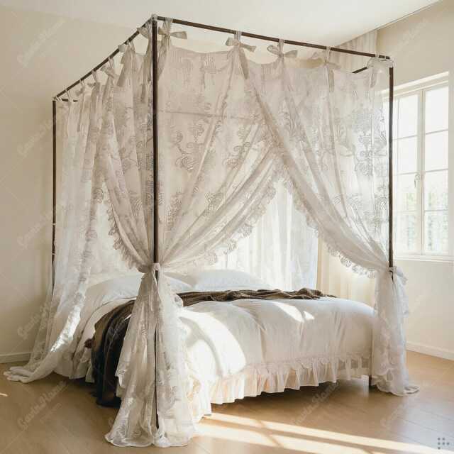 Romantic Lace Canopy Bed Curtains, Sheer Floral Drapes, Tie Top Princess Bedding - image 1