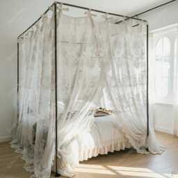 Romantic Lace Canopy Bed Curtains, Sheer Floral Drapes, Tie Top Princess Bedding - thumbnail 2