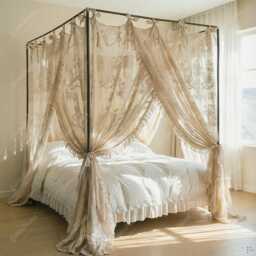 Romantic Lace Canopy Bed Curtains, Sheer Floral Drapes, Tie Top Princess Bedding - thumbnail 3
