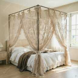 Romantic Lace Canopy Bed Curtains, Sheer Floral Drapes, Tie Top Princess Bedding - thumbnail 4