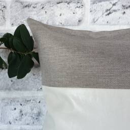 White Faux Leather & Gray Linen Pillow Cover - 16x16'' - thumbnail 3