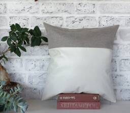 White Faux Leather & Gray Linen Pillow Cover - 16x16'' - thumbnail 1