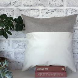 White Faux Leather & Gray Linen Pillow Cover - 16x16'' - thumbnail 2