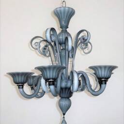 Murano Chandelier With 6 Lights, Hand Blown Glass Chandelier, Contemporary Ceiling Light in Gray, White & Black - thumbnail 3