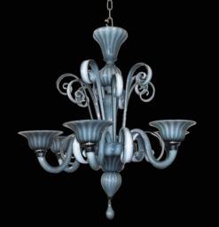 Murano Chandelier With 6 Lights, Hand Blown Glass Chandelier, Contemporary Ceiling Light in Gray, White & Black