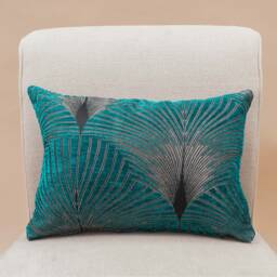 Art Deco Retro Fan Boudoir Cushion. Teal Blue & Silver Vintage Design. Luxury Velvet Chenille. 17x12 - thumbnail 1