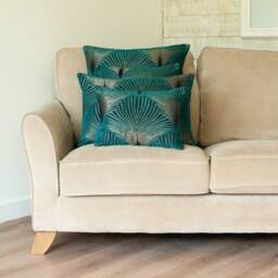 Art Deco Retro Fan Boudoir Cushion. Teal Blue & Silver Vintage Design. Luxury Velvet Chenille. 17x12 - thumbnail 3