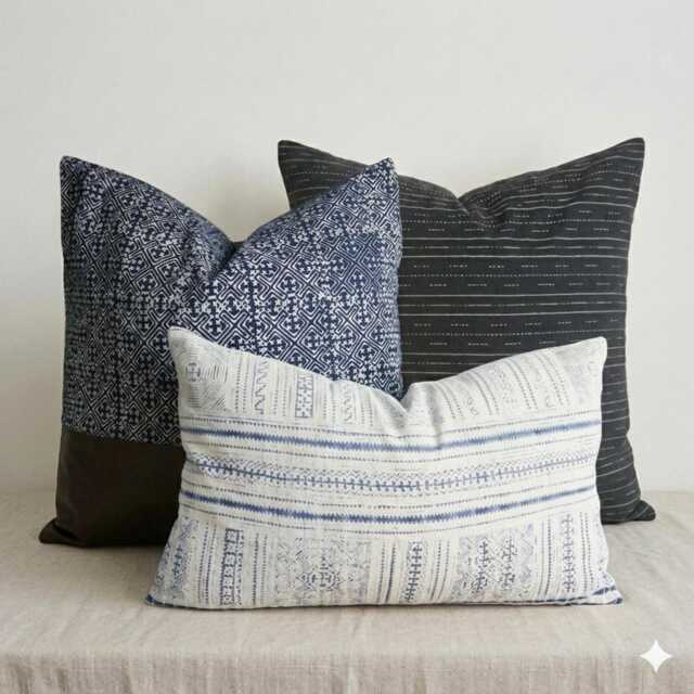 Hmong Indigo Batik Pillow Cover Set, Thai Woven Throw - image 1