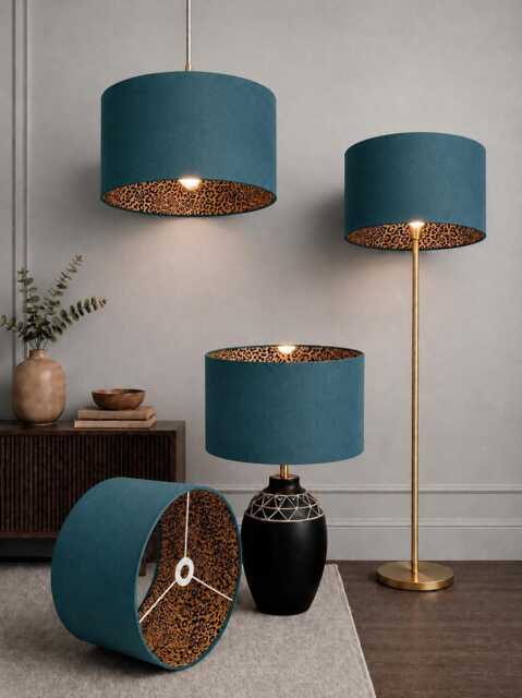 New Luxury Hq Double Sided Teal Velvet & Golden Leopard Print Brown Combination Drum Shape Lamp Shade Pendant Light - image 1