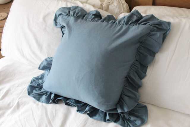 Blue Ruffle Linen Cushion With Feather Insert - 45x45cm Frilly Cushions - image 1