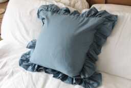 Blue Ruffle Linen Cushion With Feather Insert - 45x45cm Frilly Cushions