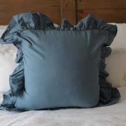 Blue Ruffle Linen Cushion With Feather Insert - 45x45cm Frilly Cushions - thumbnail 2
