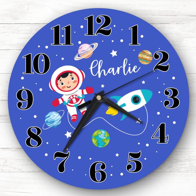 Boy Astronaut Planets Space Rocket Personalised Gift Clock - image 1