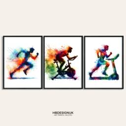 Home Gym Decor Print - Set Of 3 Posters - Watercolour Mens Running Poster Fitness Wall Art Pictures Artwork - thumbnail 1