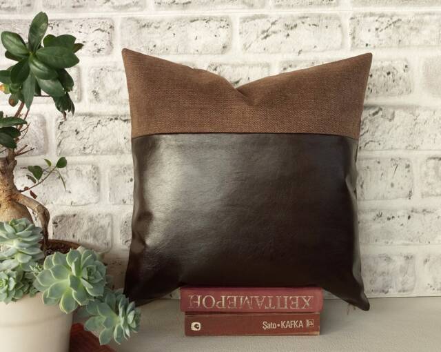 Dark Brown Faux Leather Pillow Cover Two-Tone Modern Home Decor - image 1