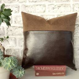 Dark Brown Faux Leather Pillow Cover Two-Tone Modern Home Decor - thumbnail 2