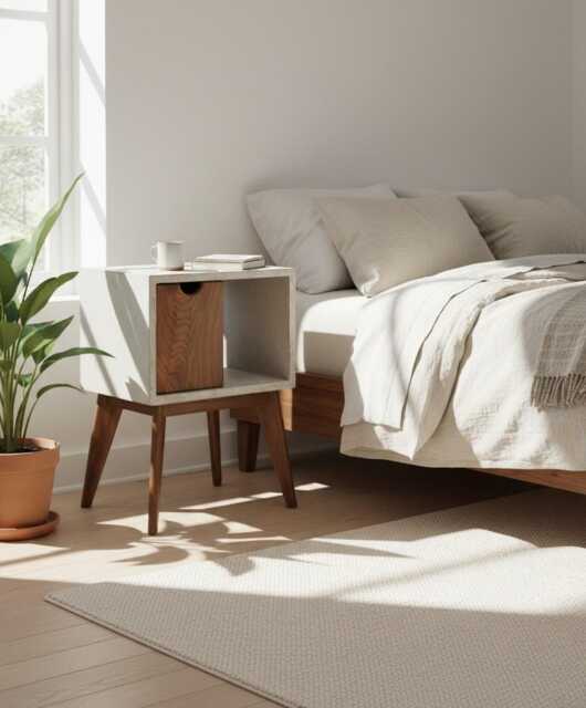 Concrete & Walnut Nightstand Mid-Century Bedside Table With Drawer & Open Space - image 1