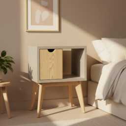 Concrete & Walnut Nightstand Mid-Century Bedside Table With Drawer & Open Space - thumbnail 3