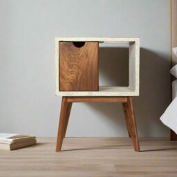 Concrete & Walnut Nightstand Mid-Century Bedside Table With Drawer & Open Space - thumbnail 2