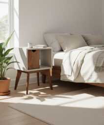Concrete & Walnut Nightstand Mid-Century Bedside Table With Drawer & Open Space - thumbnail 1