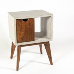 Concrete & Walnut Nightstand Mid-Century Bedside Table With Drawer & Open Space - thumbnail 4
