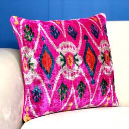 Square Pink Ikat Velvet Pillow Bohemian Cushion Cover - thumbnail 2