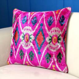 Square Pink Ikat Velvet Pillow Bohemian Cushion Cover - thumbnail 3